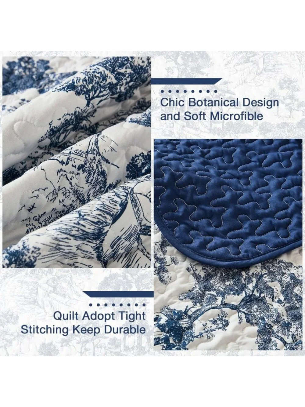 Botanical Floral Quilt Set King Size - Navy Blue Bedspread for Cozy Bedroom